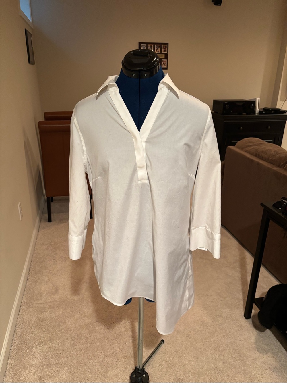Womens White Popover Shirt - Classic Collar, Asymmetrical